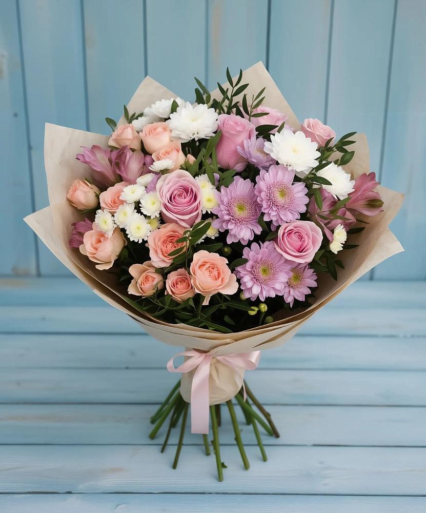 Букет цветов из: Хризантемы, Розы и Альстромерии в Сузуне