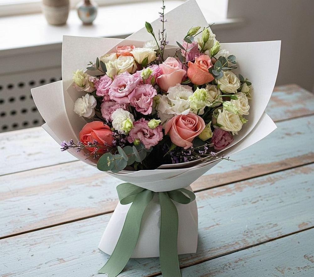 Букет цветов из: Розы, Лизиантусы и Гвоздики в Сузуне