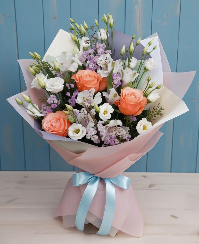 Букет цветов из: Лизиантусы, Розы, Альстромерии и Гипсофила в Сузуне