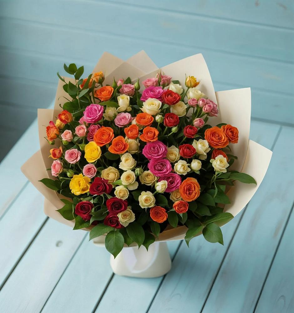 Букет Микс из разноцветных кустовых роз в Сузуне