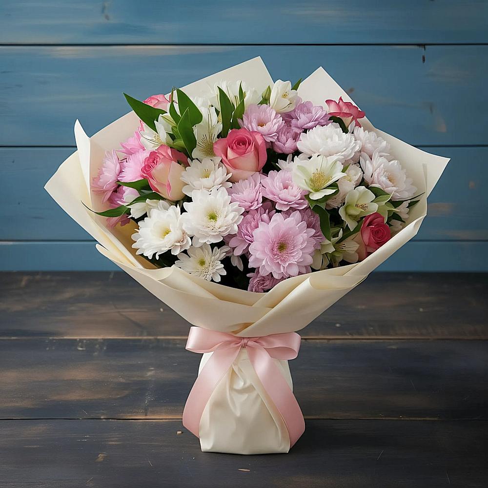 Букет цветов из: Хризантемы, Альстромерии и Розы в Сузуне